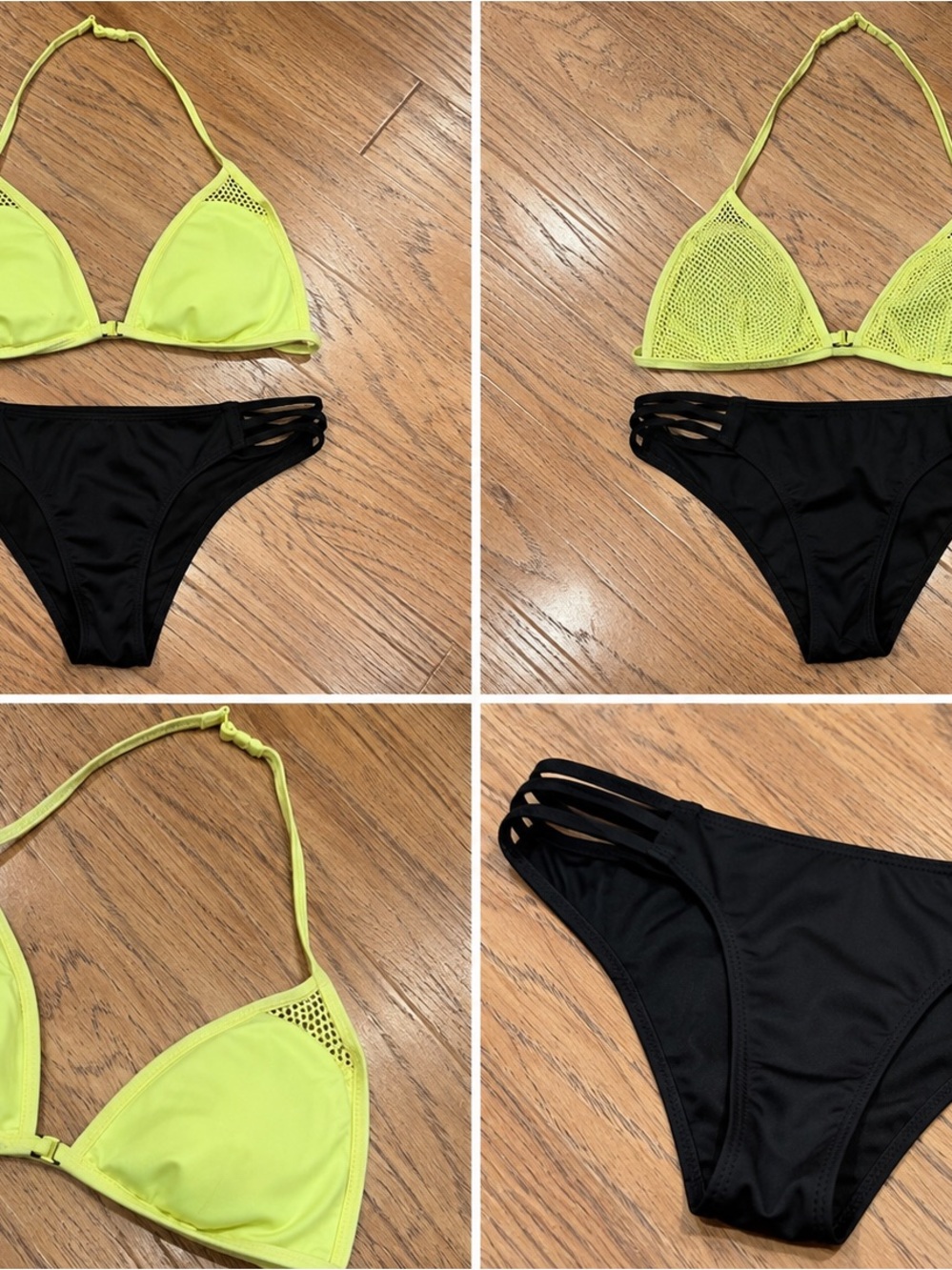Victoria's Secret Neon Lime Triangle Bikini Top with Black Strappy Bottoms